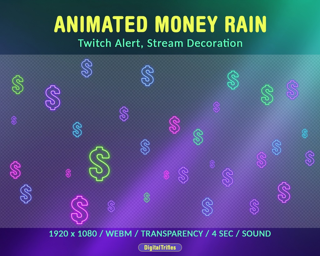 マネーレインTwitchアラート、落下するドル記号、新しい寄付、応援、ビット、ヒント、サウンド付きアニメーションストリームオーバーレイ / Money Rain Twitch Alert, Falling Dollar Signs, New Donation, Cheer, Bits, Tips, Animated Stream Overlay with Sound