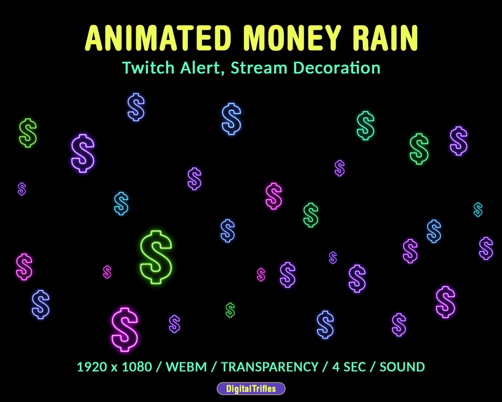 マネーレインTwitchアラート、落下するドル記号、新しい寄付、応援、ビット、ヒント、サウンド付きアニメーションストリームオーバーレイ / Money Rain Twitch Alert, Falling Dollar Signs, New Donation, Cheer, Bits, Tips, Animated Stream Overlay with Sound