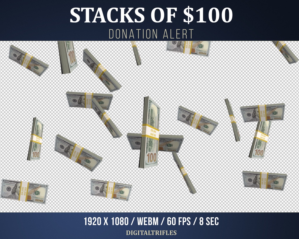 Twitch アラート アニメーション 100 ドルの束、100ドル札100枚セット 、100$、新規寄付、チャリティー、配信用オーバーレイ、3D 、フルスクリーン、透明 / Twitch Alert, Animated Overlay, 100 Dollar Stacks, New Donation, Tips, Stream Alert, 3D Money Rain