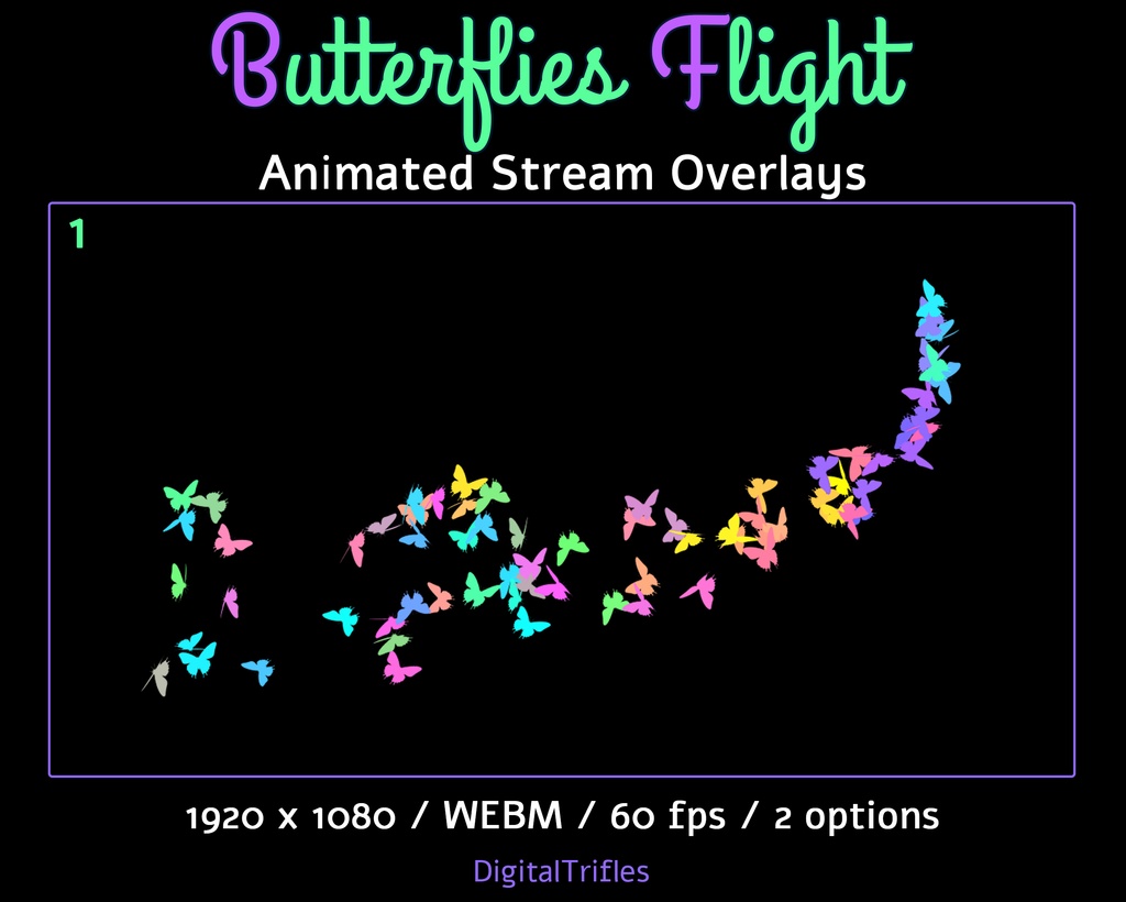 バタフライフライトTwitchオーバーレイ、アニメーションストリーム装飾、フルスクリーンTwitchアラート、ストリーマーやVTuber向けのかわいいアセット / Butterflies Flight Twitch Overlays, Animated Fullscreen Alerts, Cute Stream Decor for Streamer & Vtuber