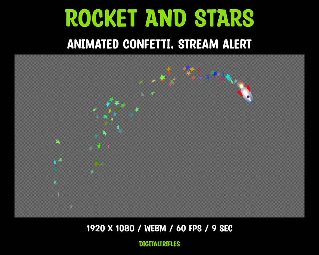 アニメーションストリームオーバーレイ、ロケットと紙吹雪の星、ストリーマーやVTuber向けのフルスクリーンTwitchアラート / Animated Stream Overlay, Rocket and Confetti Stars, Fullscreen Twitch Alert for Streamers & VTubers