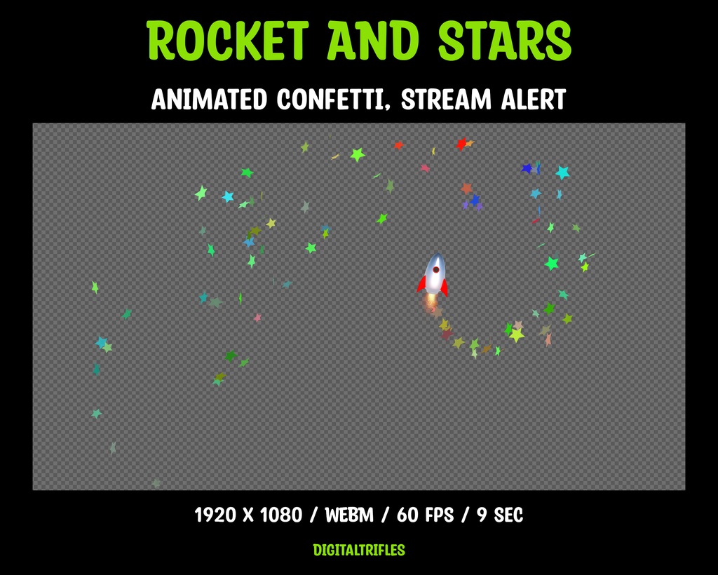 アニメーションストリームオーバーレイ、ロケットと紙吹雪の星、ストリーマーやVTuber向けのフルスクリーンTwitchアラート / Animated Stream Overlay, Rocket and Confetti Stars, Fullscreen Twitch Alert for Streamers & VTubers