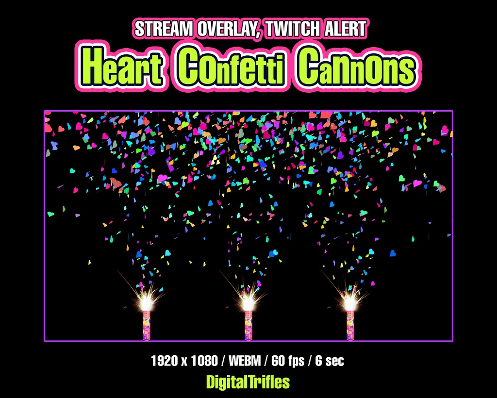 バレンタインデーのデコレーション、ハートの紙吹雪のストリームオーバーレイ、Twitchアラート、紙吹雪の大砲のアニメーション、透明、サウンド / Heart Confetti Stream Overlay, Twitch Alert, Valentine's Day Decor, Confetti Cannons Animation, Transparent, Sound