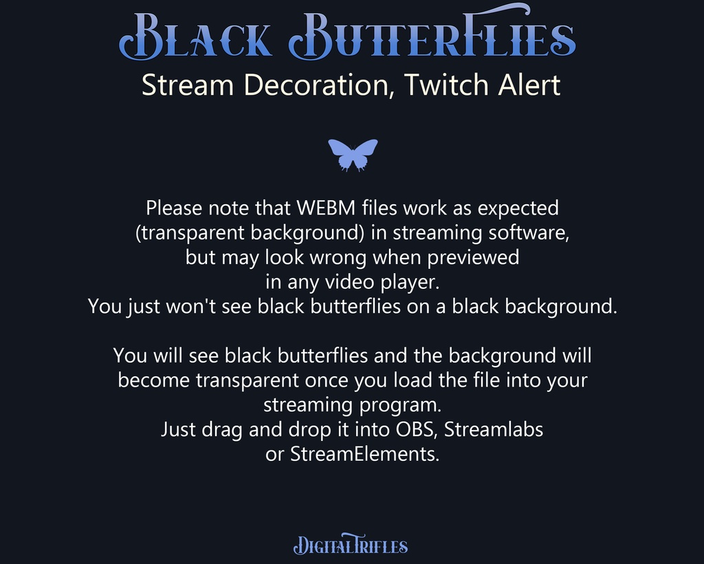 黒い蝶、Twitch オーバーレイ、ストリーム デコレーション、ストリーマーと Vtuber 向けのアニメーション Twitch アラート、神秘的、魔女、ダークな美学 / Black Butterflies, Stream Overlays, Animated Twitch Alerts, Mystic, Dark Aesthetic, Witchcraft, Gothic