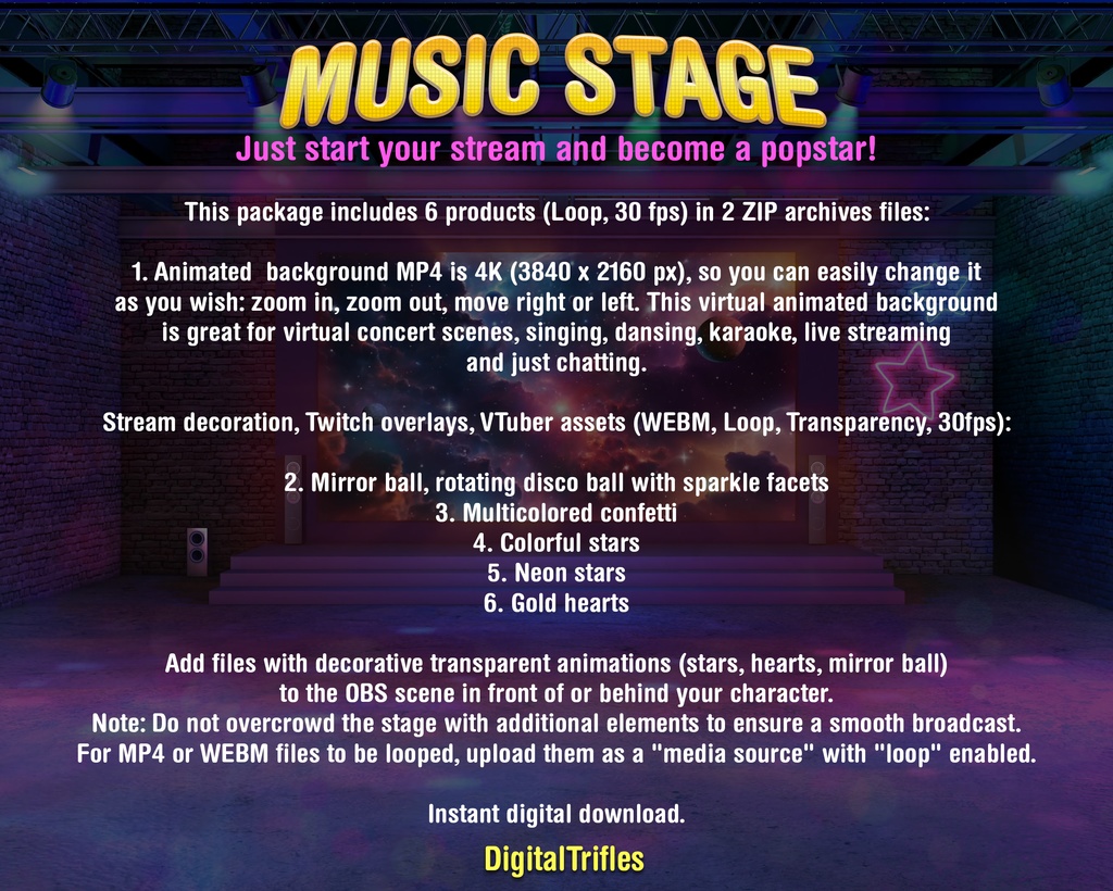 アニメーション化された VTuber 背景、音楽ステージと装飾、ダンス、歌、カラオケ、チャット、向けの Twitch ストリーム アセット、4K / Animated Background Music Stage and Decor, Twitch overlays, Stream Assets, Loop, 4K, Dance, Sing, Karaoke, Chatting