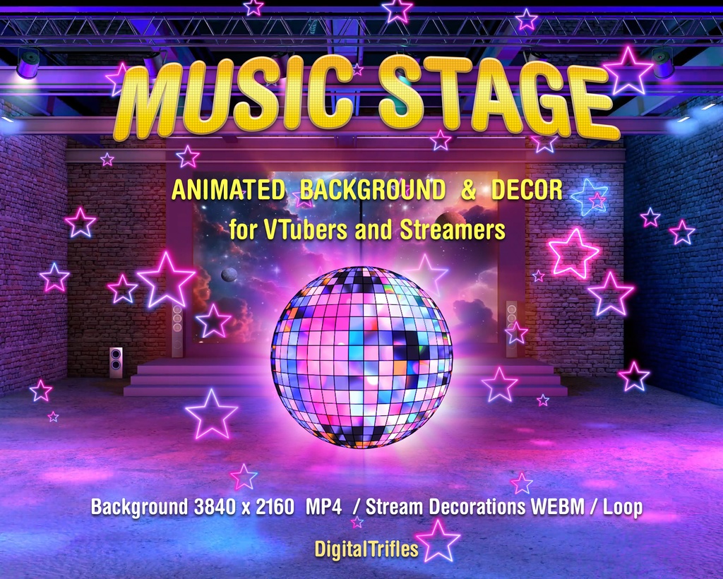 アニメーション化された VTuber 背景、音楽ステージと装飾、ダンス、歌、カラオケ、チャット、向けの Twitch ストリーム アセット、4K / Animated Background Music Stage and Decor, Twitch overlays, Stream Assets, Loop, 4K, Dance, Sing, Karaoke, Chatting