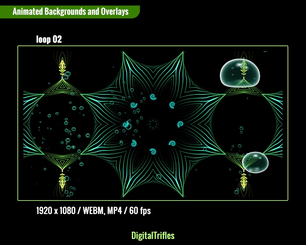 ビデオループ、アニメーション配信オーバーレイ&背景、VTuber・ストリーマー向けビジュアル、VJループ、パープルグリーンの海 / Video Loops, Animated Stream Overlays & Backgrounds, VTuber & Streamer Visuals, VJ Loops, Purple-Green Ocean, 9 WEBM + 9 MP4