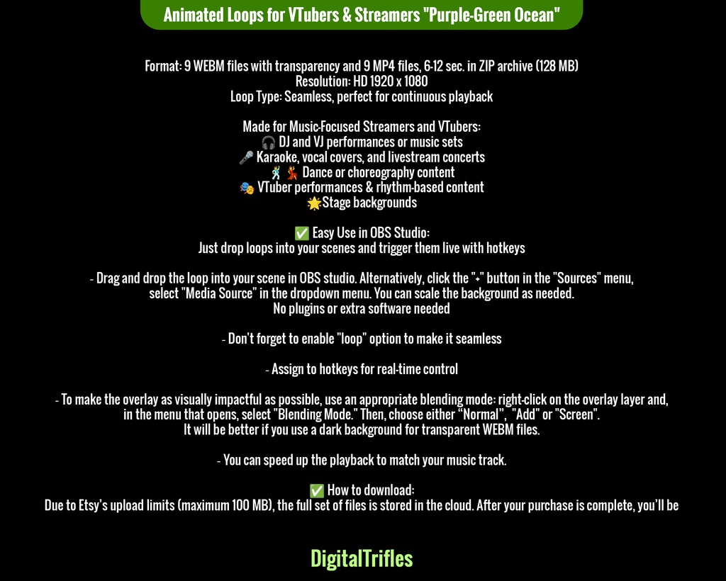 ビデオループ、アニメーション配信オーバーレイ&背景、VTuber・ストリーマー向けビジュアル、VJループ、パープルグリーンの海 / Video Loops, Animated Stream Overlays & Backgrounds, VTuber & Streamer Visuals, VJ Loops, Purple-Green Ocean, 9 WEBM + 9 MP4