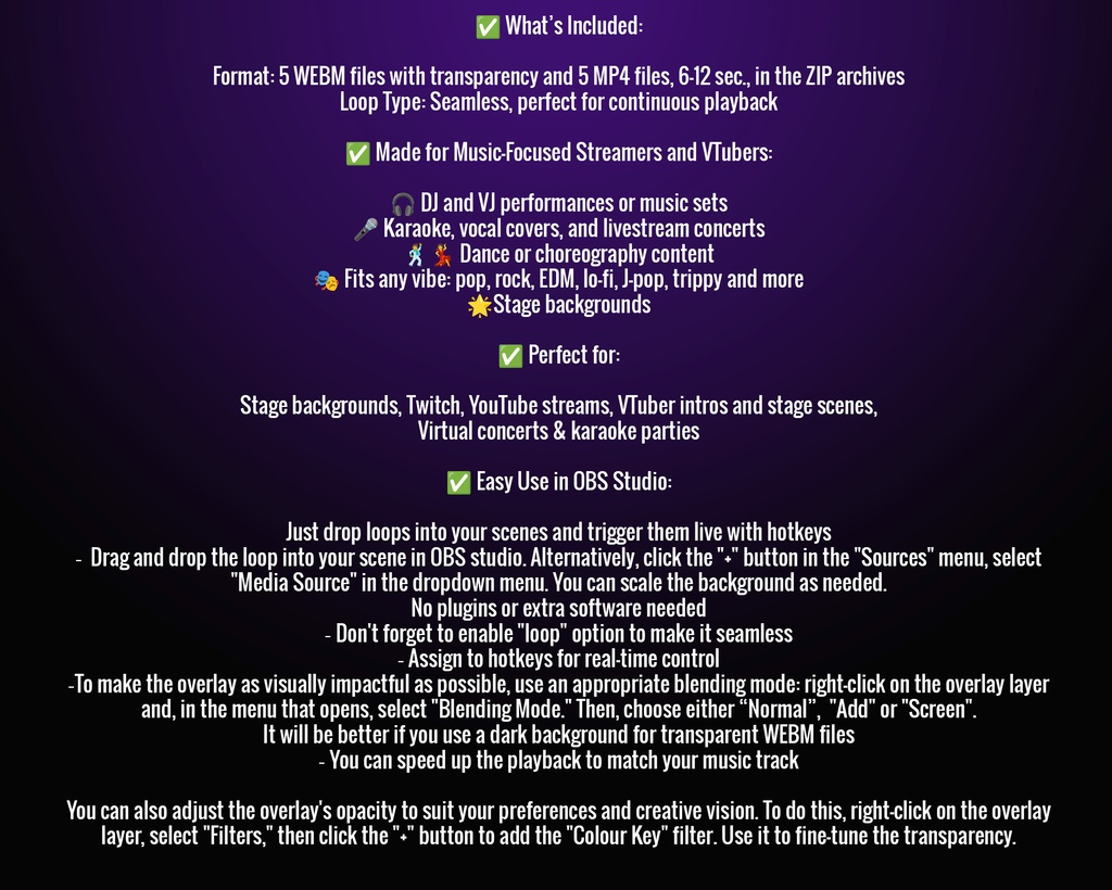 アニメーション配信背景&オーバーレイ、VTuber・ストリーマー向けステージライトエフェクト、DJ・カラオケ・歌手向けビデオループ / Animated Stream Backgrounds and Overlays, Stage Light Effects for Vtuber, Streamer, Video Loops for DJ, Karaoke, Singer