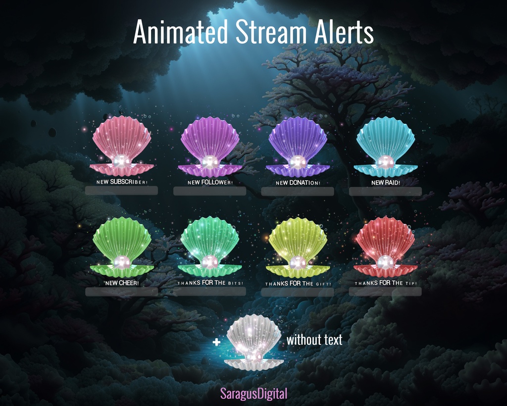 シェルパールのアニメーション配信アラート — 海・海中世界・海賊・人魚をテーマにしたストリーマー&VTuber向けオーバーレイ/ Seashell Pearls Animated Stream Alerts – Ocean, Underwater World, Pirates, Mermaids Theme Overlays for Streamers and VTubers