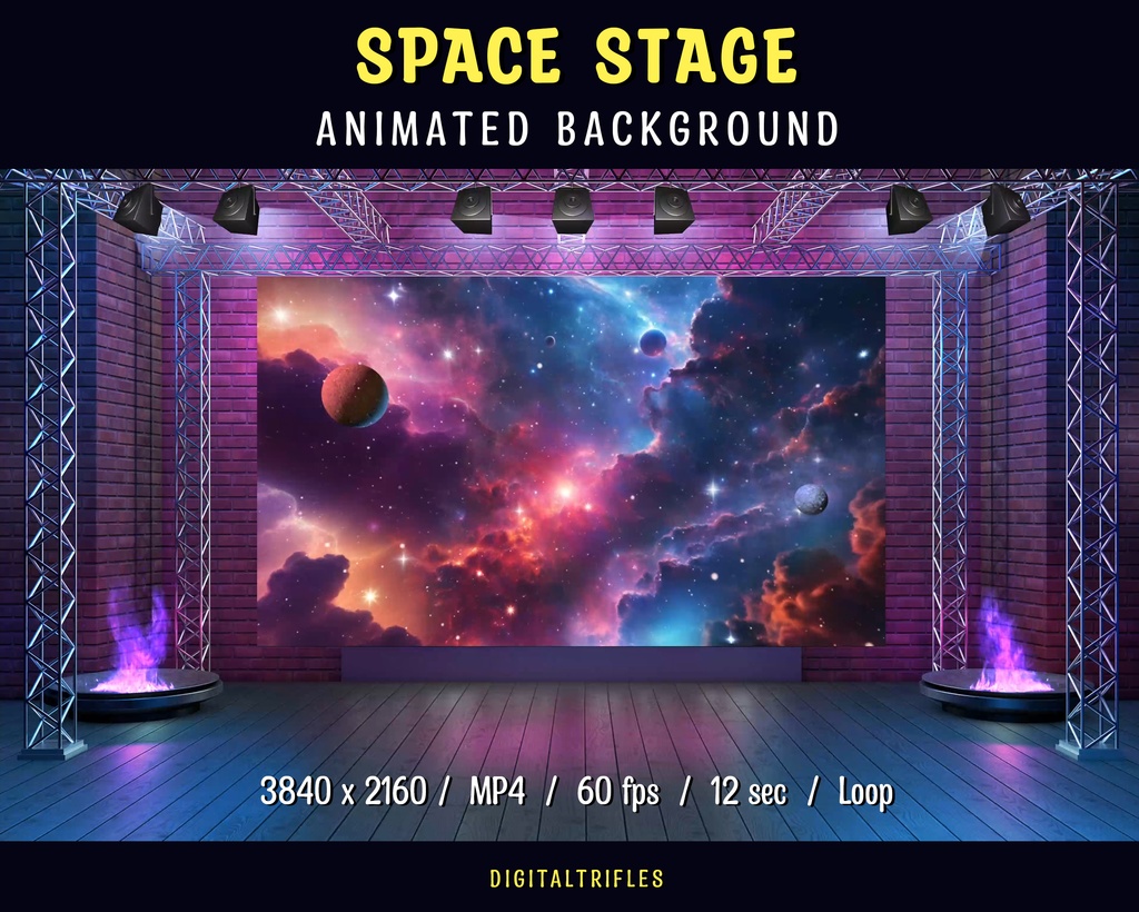 アニメーションVTuber背景・スペースコンサートステージ・Twitchオーバーレイ・銀河配信シーン・カラオケ＆パフォーマンス向け・ファンタジー宇宙テーマ・4K対応 / Animated VTuber Background, Space Concert Stage, Twitch Overlay, Karaoke & Performance Stream, Cosmic, 4K