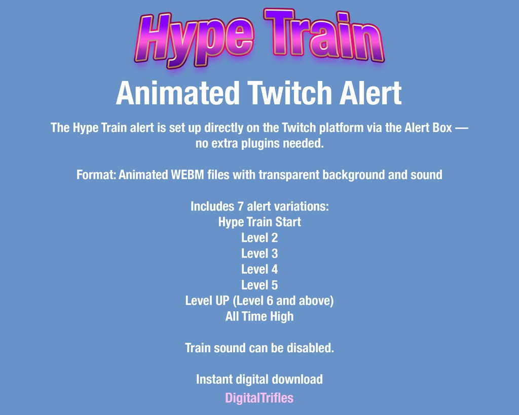 Twitchハイプトレインアラート – アニメーションレトロ機関車のストリームオーバーレイ(VTuber・配信者向け、サウンド付き全7レベル)/ Twitch Hype Train Alerts – Animated Retro Locomotive Stream Overlays for VTubers and Streamers, 7 Levels with Sound