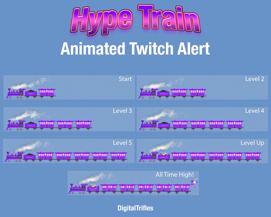 Twitchハイプトレインアラート – アニメーションレトロ機関車のストリームオーバーレイ(VTuber・配信者向け、サウンド付き全7レベル)/ Twitch Hype Train Alerts – Animated Retro Locomotive Stream Overlays for VTubers and Streamers, 7 Levels with Sound