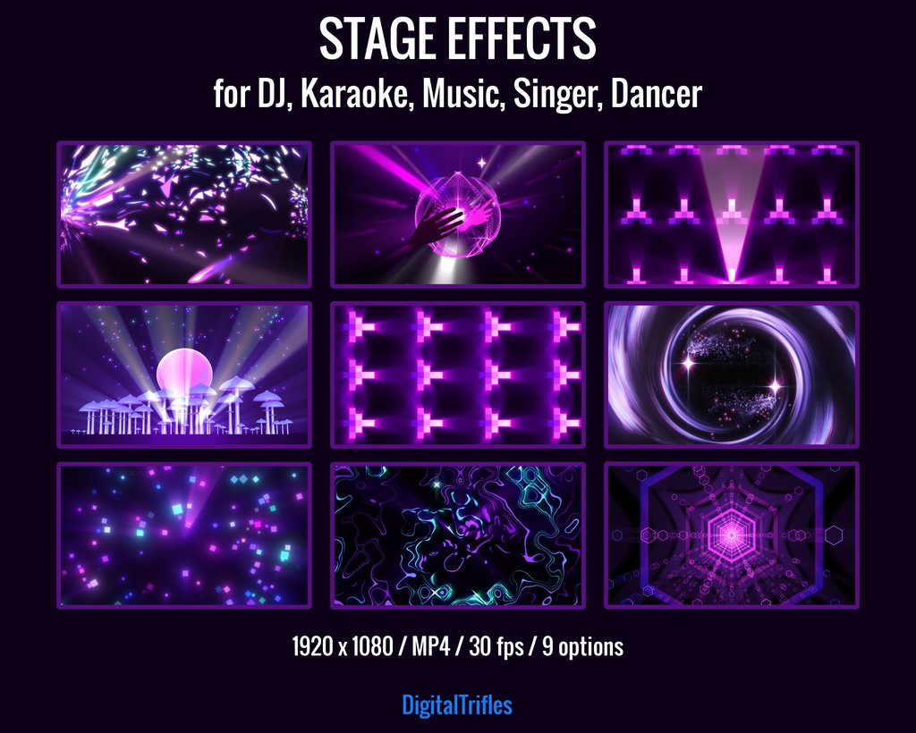 アニメーション配信背景・ステージライト演出(VTuber・配信者・VJ・DJ・カラオケ・音楽配信・歌手・ダンサー向け)9種パープル系MP4ループ素材 / Animated Stream Backgrounds, Stage Visual for VTuber & Streamer, DJ, Karaoke, Music, Singer, Dancer, 9 Video Loops