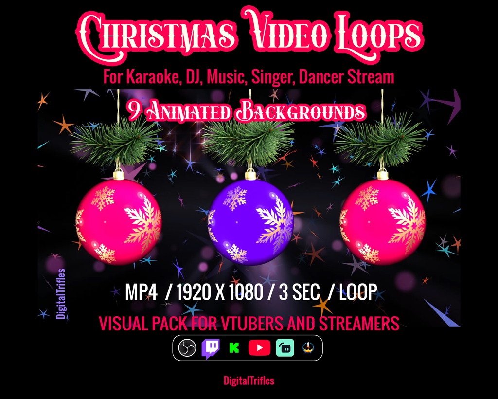 クリスマス動画ループ・配信背景・ステージ演出9種（VTuber・配信者・DJ・VJ・歌配信・カラオケ向け）/ Christmas Video Loops, Stream Backgrounds, 9 Visual Stage FX for VTubers and Streamers, for DJ, VJ, Singing, Karaoke
