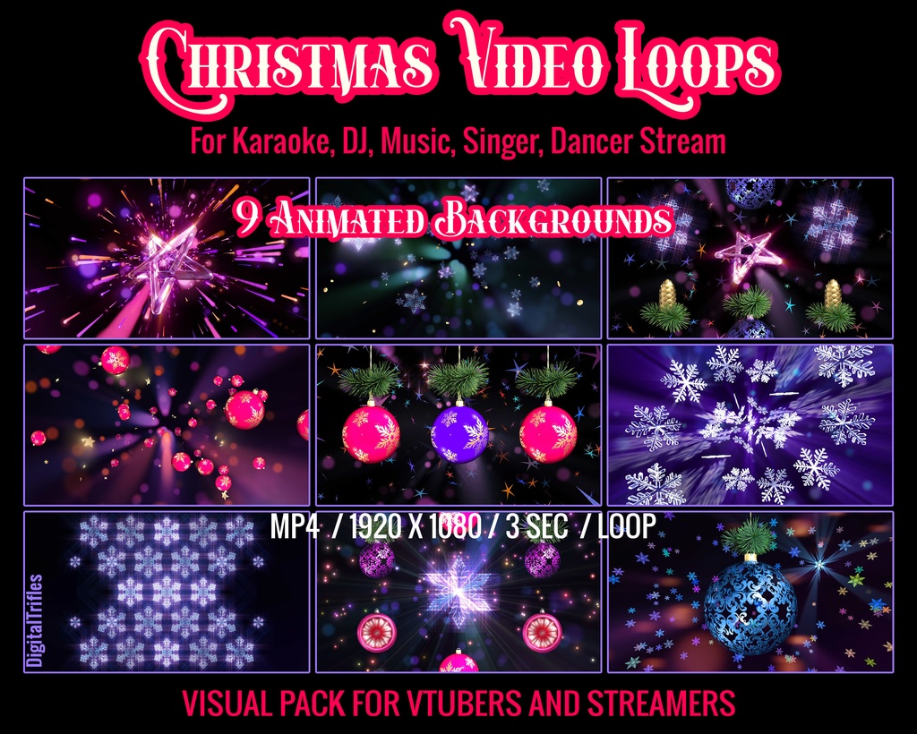 クリスマス動画ループ・配信背景・ステージ演出9種（VTuber・配信者・DJ・VJ・歌配信・カラオケ向け）/ Christmas Video Loops, Stream Backgrounds, 9 Visual Stage FX for VTubers and Streamers, for DJ, VJ, Singing, Karaoke