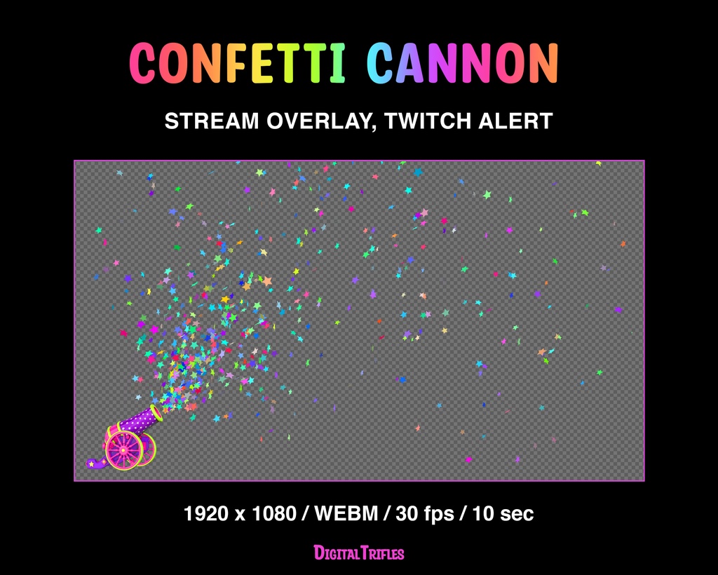 紙吹雪キャノンのアニメーションTwitchアラート・配信オーバーレイ(サブスク・フォロー・レイド用、透過&サウンド付き)/ Confetti Cannon Animated Twitch Alert, Stream Overlay, Funny Alert About Subs, Follows, Raid, Transparent Background, Sound