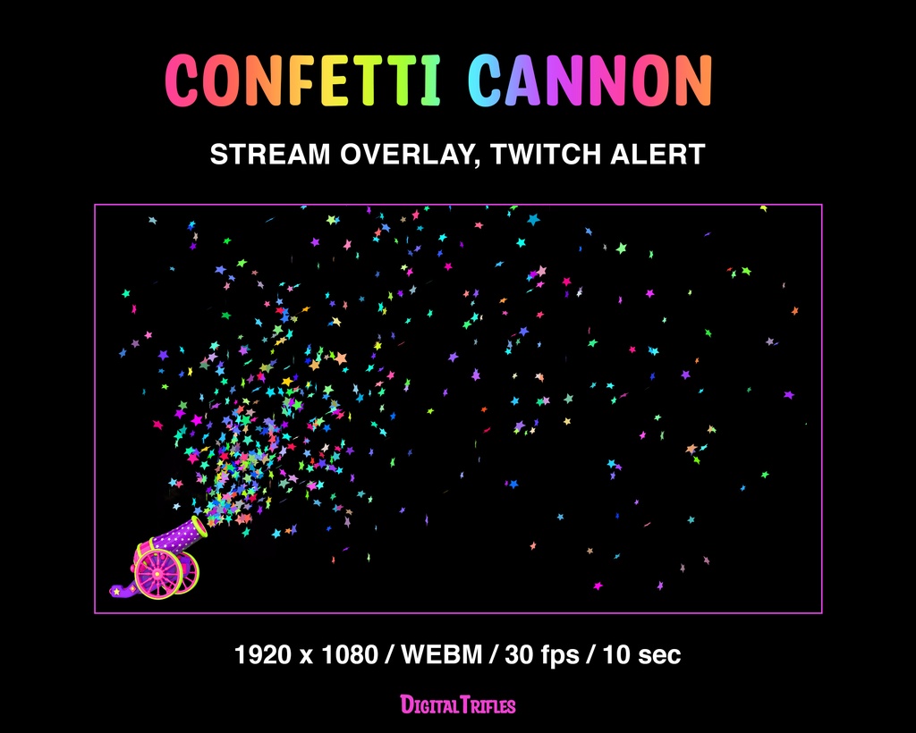 紙吹雪キャノンのアニメーションTwitchアラート・配信オーバーレイ(サブスク・フォロー・レイド用、透過&サウンド付き)/ Confetti Cannon Animated Twitch Alert, Stream Overlay, Funny Alert About Subs, Follows, Raid, Transparent Background, Sound