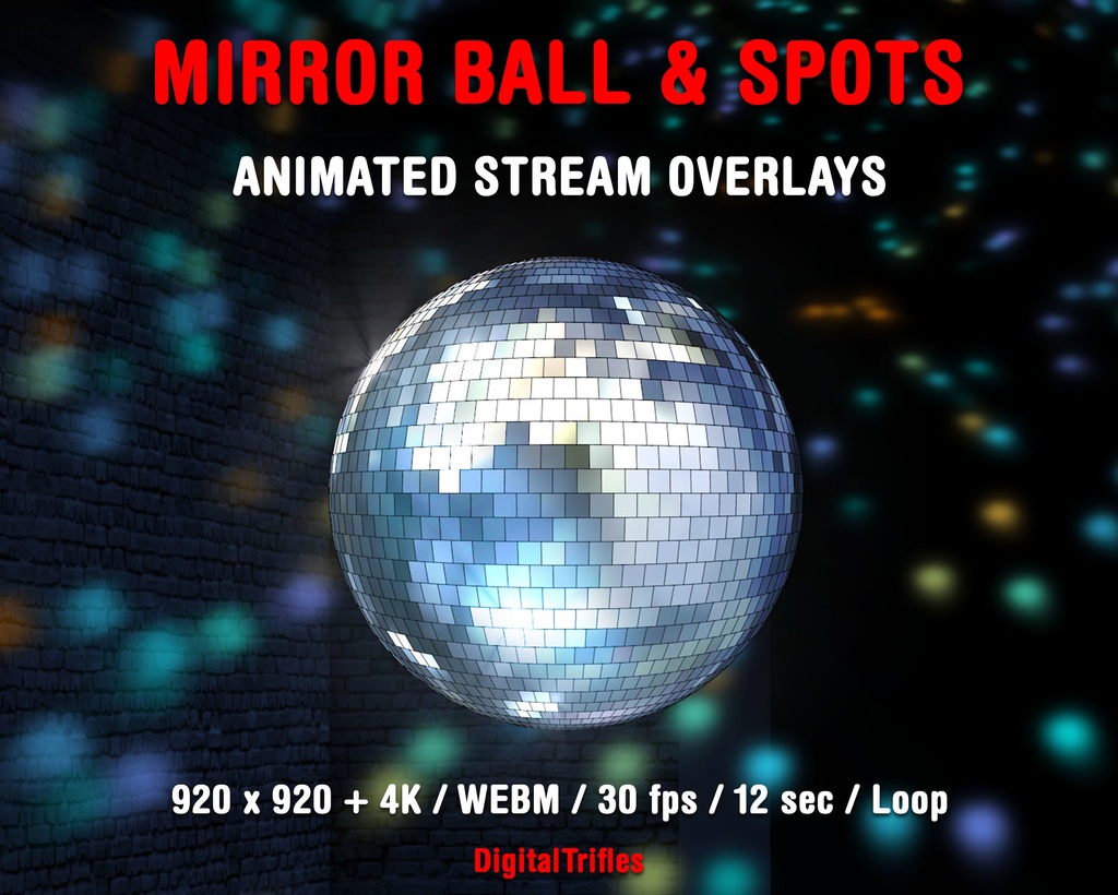 アニメーションミラーボール&スポットライトオーバーレイ・配信デコレーション・ループ素材(DJ・音楽配信・VTuber向けTwitchオーバーレイ)/ Animated Mirror Ball and Spots, Stream Overlays, Loop Disco Ball for DJ, Music Streamers & Vtubers, Twitch, OBS