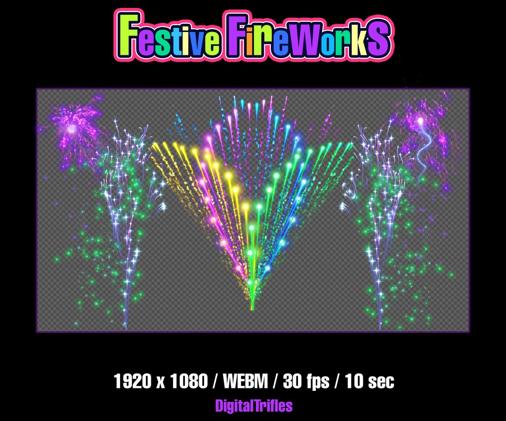 アニメーション花火アラート、Twitchオーバーレイ、年越し配信デコレーション、音付きパーティーストリーマーアセット / Animated Festive Fireworks, Twitch Alert, Stream Overlay, New Year Streaming Decor, Party Streamer Asset with Sound