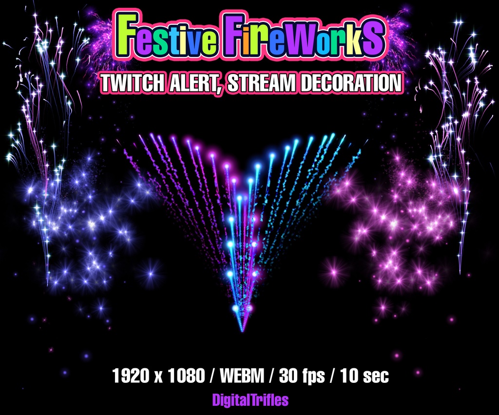 アニメーション花火アラート、Twitchオーバーレイ、年越し配信デコレーション、音付きパーティーストリーマーアセット / Animated Festive Fireworks, Twitch Alert, Stream Overlay, New Year Streaming Decor, Party Streamer Asset with Sound