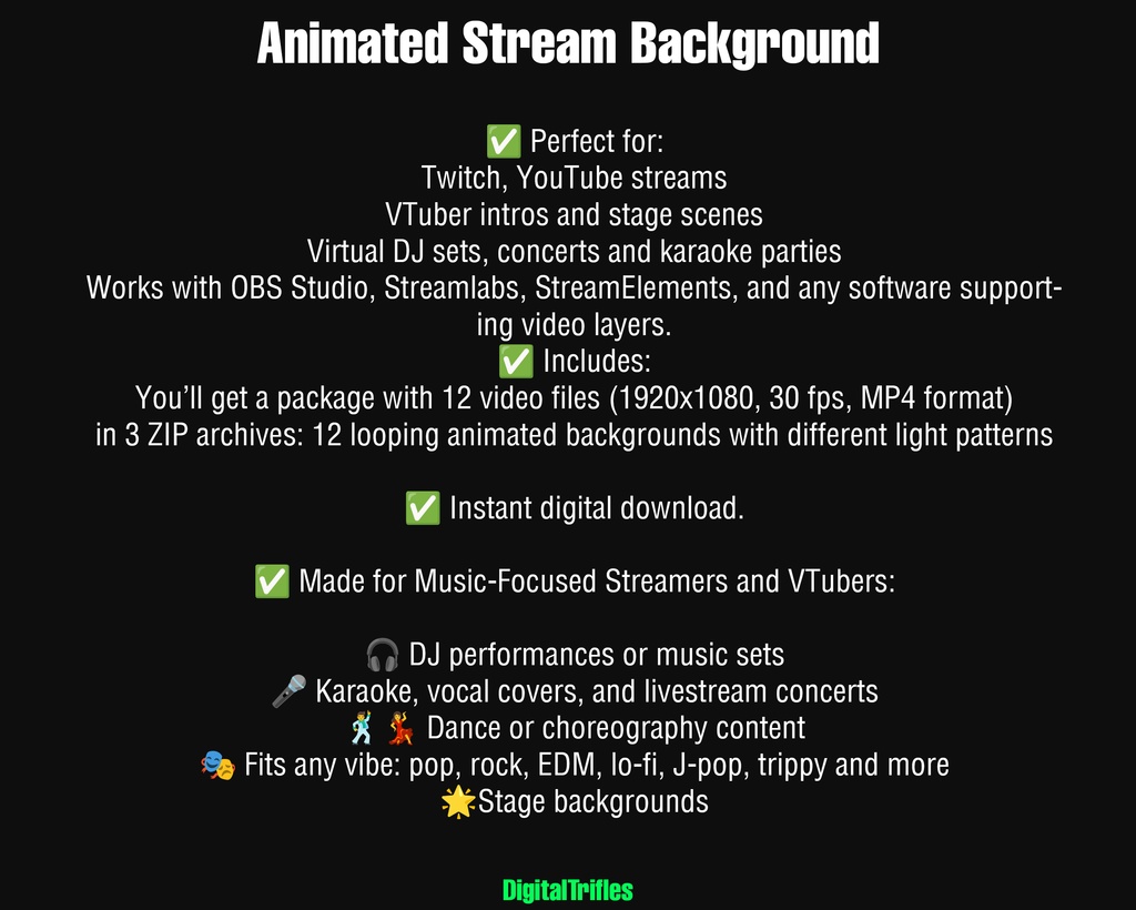 DJ&ミュージック配信用アニメ背景:12種類のループLEDステージビジュアル(VTuber/ストリーマー向け) / DJ & Music Animated Backgrounds for Vtubers and Streamers: 12 Loop Visuals LED Wall Stage