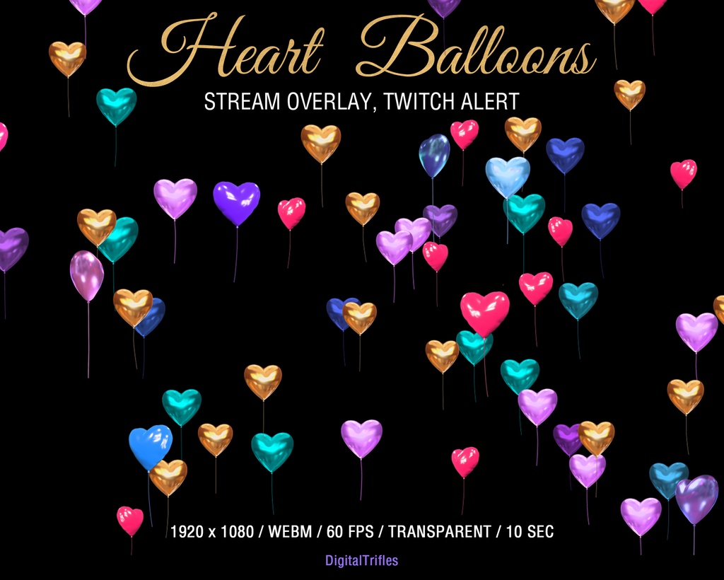 ラブハートバルーンTwitchオーバーレイ、アニメーション配信アラート、バレンタイン配信デコレーション / Love Heart Balloons Twitch Overlay, Animated Stream Alert, Valentines Day Stream Decoration