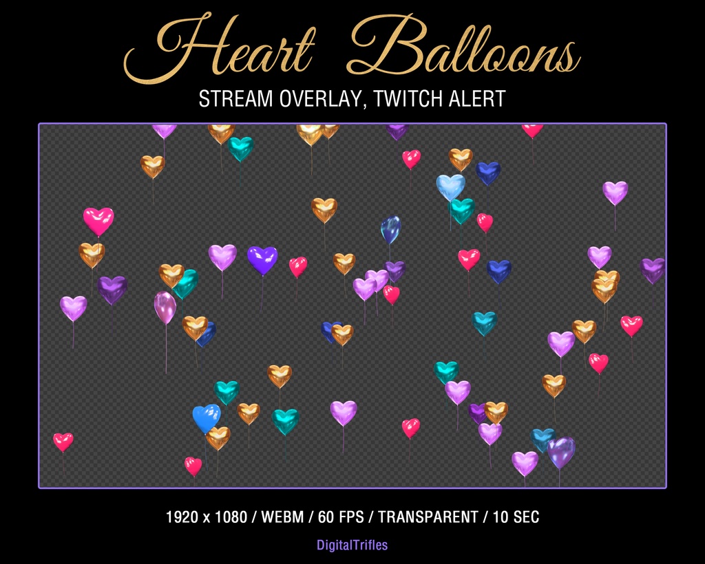 ラブハートバルーンTwitchオーバーレイ、アニメーション配信アラート、バレンタイン配信デコレーション / Love Heart Balloons Twitch Overlay, Animated Stream Alert, Valentines Day Stream Decoration