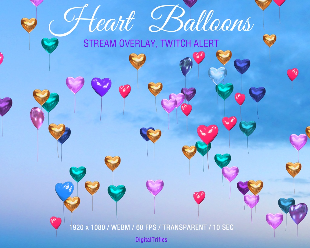 ラブハートバルーンTwitchオーバーレイ、アニメーション配信アラート、バレンタイン配信デコレーション / Love Heart Balloons Twitch Overlay, Animated Stream Alert, Valentines Day Stream Decoration