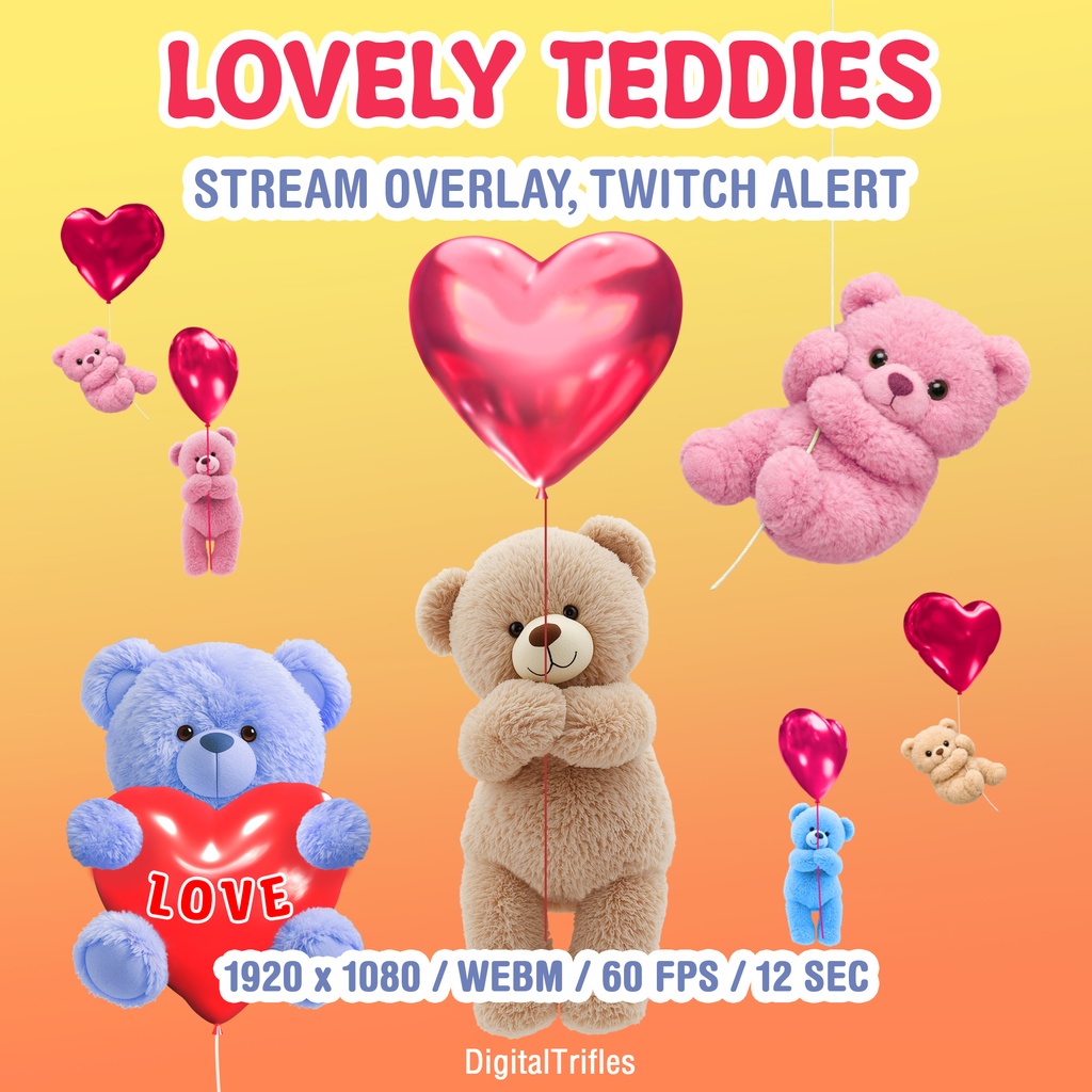 ハート型バルーンで空を飛ぶかわいいテディベアの配信オーバーレイ、アニメーションTwitchアラート、バレンタイン配信デコレーション / Teddy Bears Stream Overlay, Animated Twitch Alert, Lovely Teddies with Balloons Valentines Stream Decoration