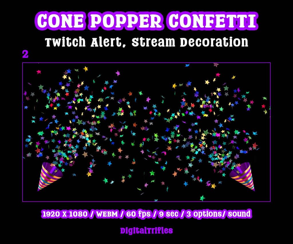 パーティーポッパー配信アラート、星形の紙吹雪キャノンアニメーションTwitchオーバーレイ(透明背景・サウンド付き)/ Party Popper Stream Alerts, Star Confetti Cannon Animated Twitch Overlay, Transparent Background, Sound
