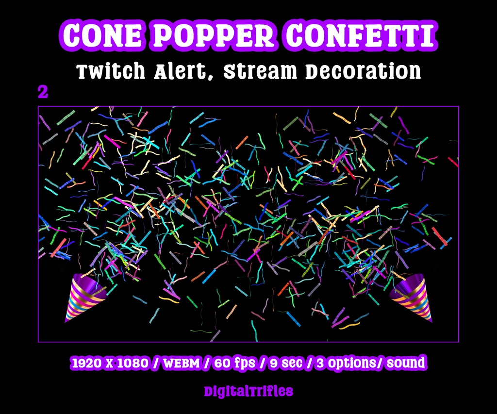 紙吹雪配信アラート、パーティーポッパーのアニメーションオーバーレイ(WEBM・サウンド付き・3種類)/ Confetti Cannon Stream Alerts, Party Popper Animated Overlays, WEBM with Sound, 3 Styles
