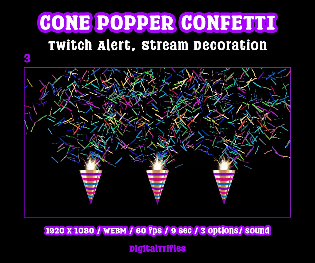 紙吹雪配信アラート、パーティーポッパーのアニメーションオーバーレイ(WEBM・サウンド付き・3種類)/ Confetti Cannon Stream Alerts, Party Popper Animated Overlays, WEBM with Sound, 3 Styles