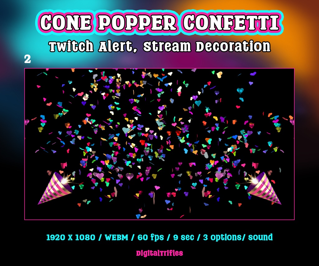 ハートの紙吹雪コンフェティポッパーTwitch配信アラート、アニメーション配信オーバーレイ(3種類)/ Confetti Popper Twitch Alerts, Animated StreamOverlay, 3 Festive Streamer Assets, Hearts Confetti