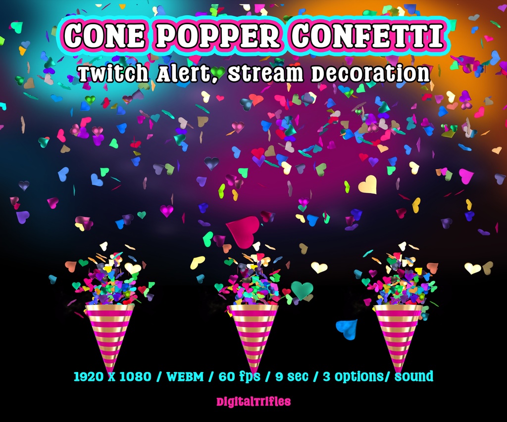 ハートの紙吹雪コンフェティポッパーTwitch配信アラート、アニメーション配信オーバーレイ（3種類）/ Confetti Popper Twitch Alerts, Animated StreamOverlay, 3 Festive Streamer Assets, Hearts Confetti
