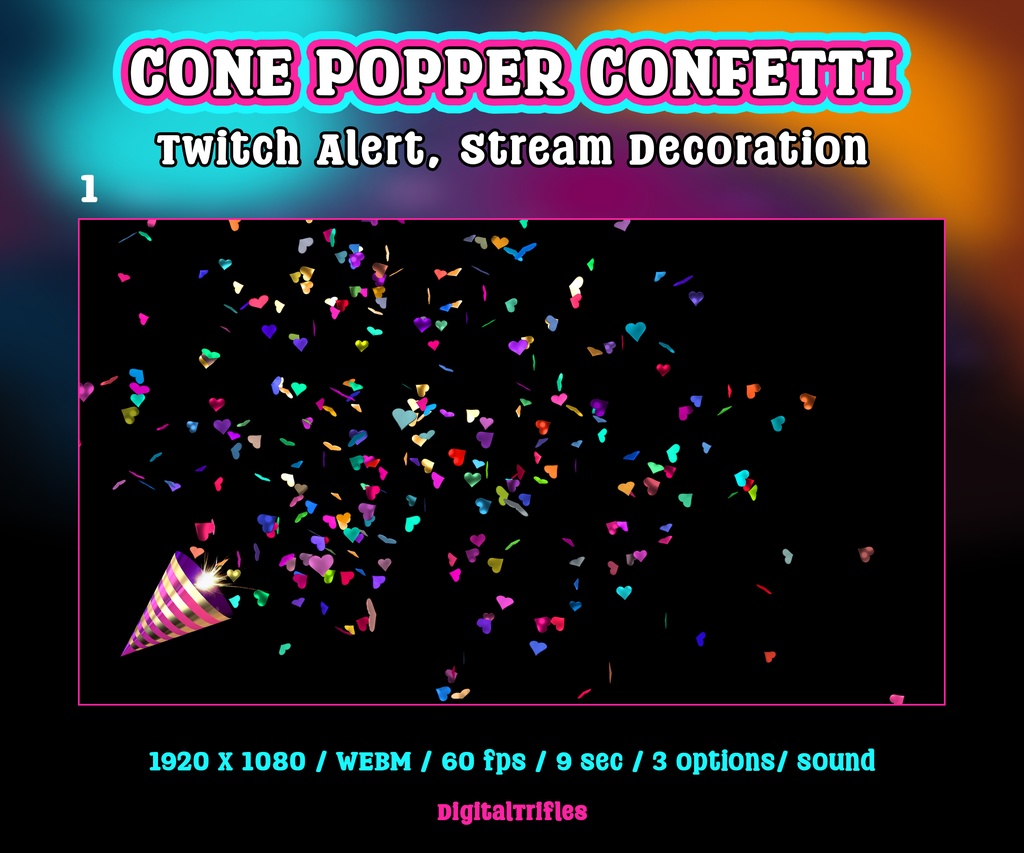 ハートの紙吹雪コンフェティポッパーTwitch配信アラート、アニメーション配信オーバーレイ(3種類)/ Confetti Popper Twitch Alerts, Animated StreamOverlay, 3 Festive Streamer Assets, Hearts Confetti