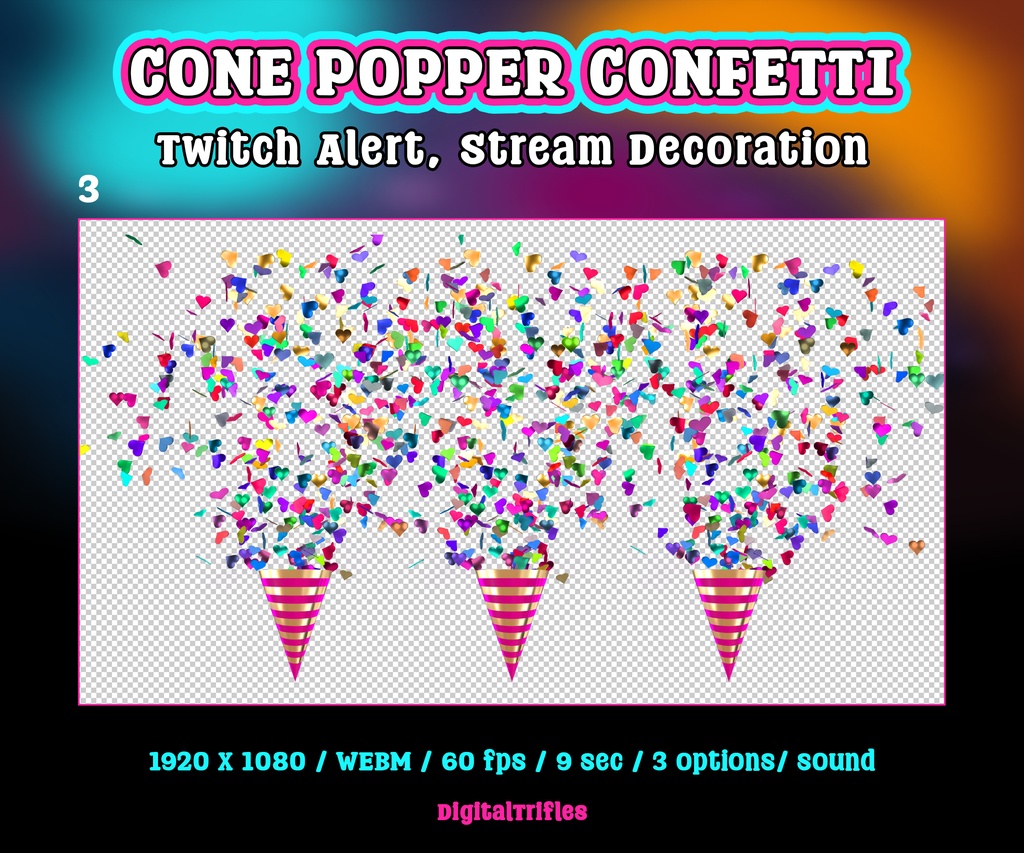 ハートの紙吹雪コンフェティポッパーTwitch配信アラート、アニメーション配信オーバーレイ(3種類)/ Confetti Popper Twitch Alerts, Animated StreamOverlay, 3 Festive Streamer Assets, Hearts Confetti