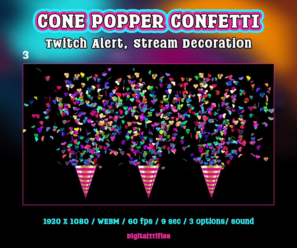 ハートの紙吹雪コンフェティポッパーTwitch配信アラート、アニメーション配信オーバーレイ(3種類)/ Confetti Popper Twitch Alerts, Animated StreamOverlay, 3 Festive Streamer Assets, Hearts Confetti