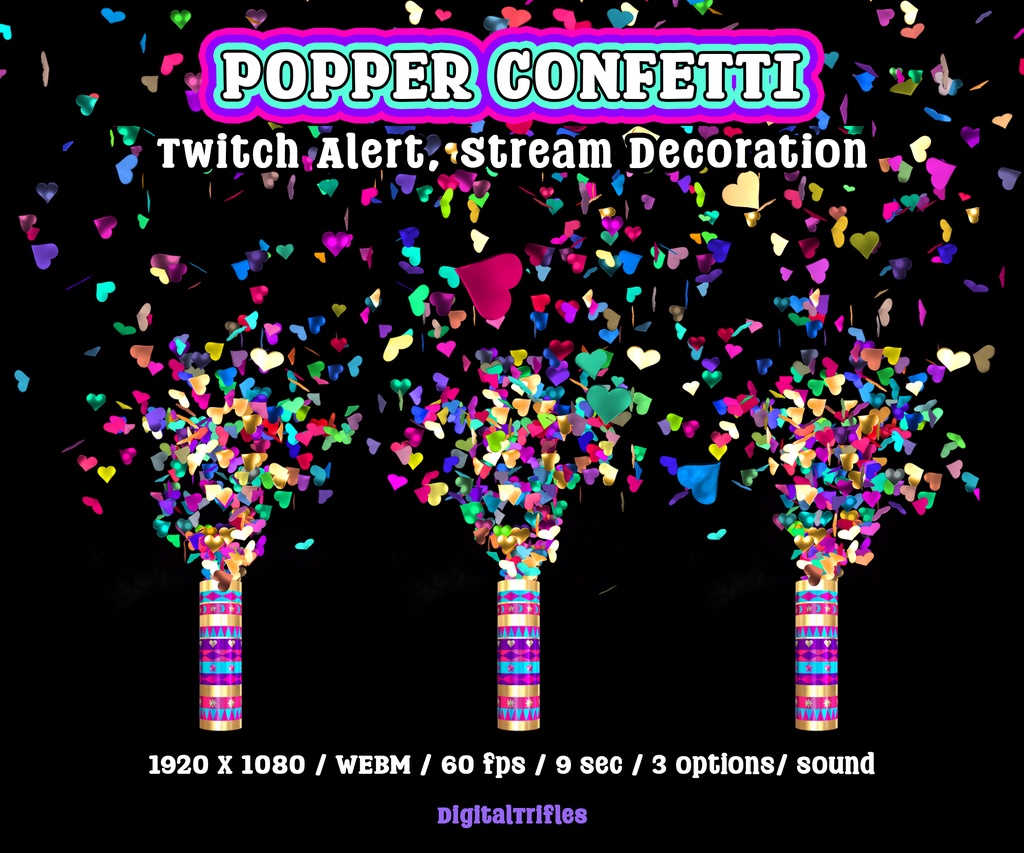 ハート型紙吹雪の配信アラート、パーティーポッパーTwitchオーバーレイ(WEBMアニメーション3種・サウンド付き)/ Heart Confetti Stream Alert, Party Popper Twitch Overlay for Streamers, 3 WEBM Animations, Sound