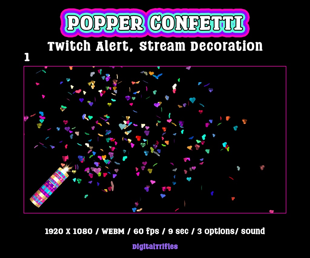 ハート型紙吹雪の配信アラート、パーティーポッパーTwitchオーバーレイ(WEBMアニメーション3種・サウンド付き)/ Heart Confetti Stream Alert, Party Popper Twitch Overlay for Streamers, 3 WEBM Animations, Sound