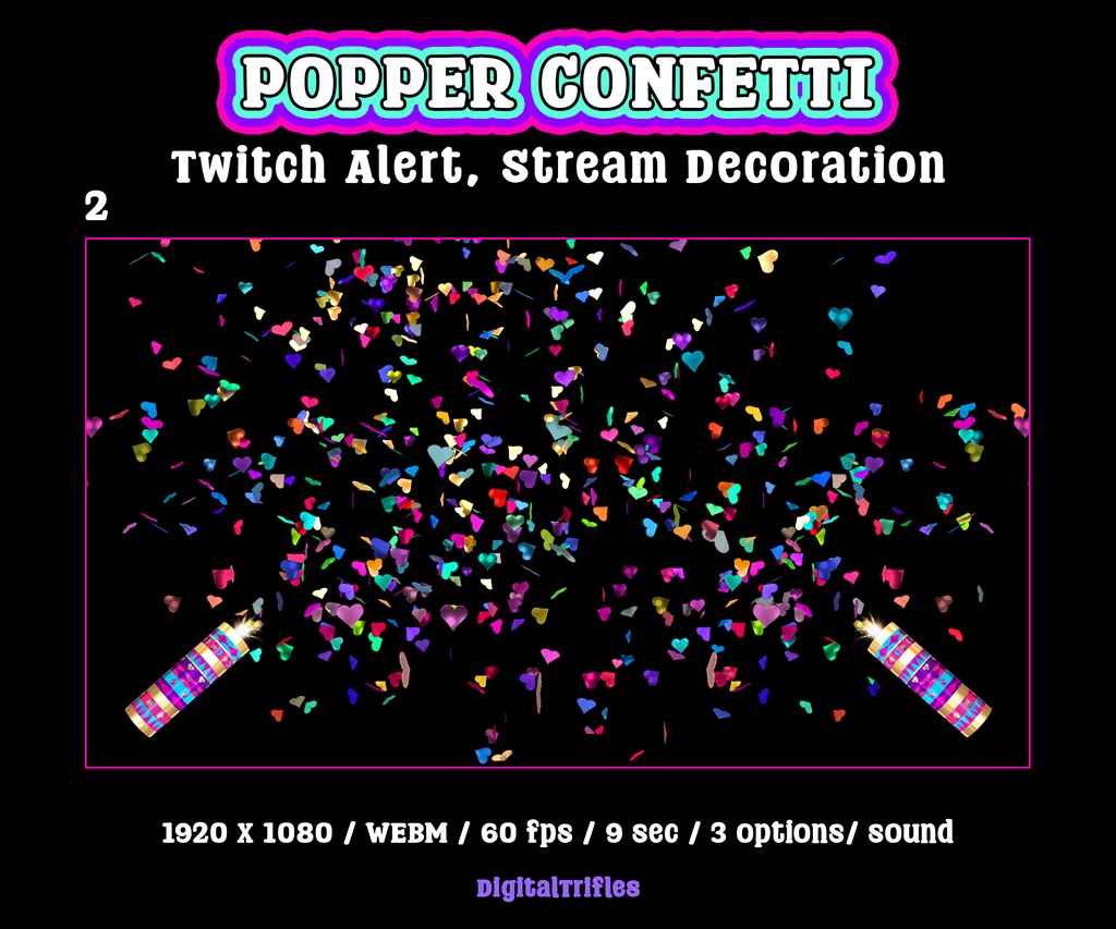 ハート型紙吹雪の配信アラート、パーティーポッパーTwitchオーバーレイ(WEBMアニメーション3種・サウンド付き)/ Heart Confetti Stream Alert, Party Popper Twitch Overlay for Streamers, 3 WEBM Animations, Sound