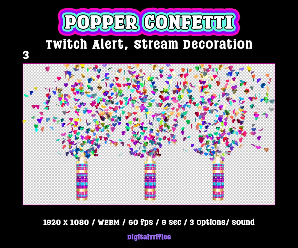 ハート型紙吹雪の配信アラート、パーティーポッパーTwitchオーバーレイ(WEBMアニメーション3種・サウンド付き)/ Heart Confetti Stream Alert, Party Popper Twitch Overlay for Streamers, 3 WEBM Animations, Sound