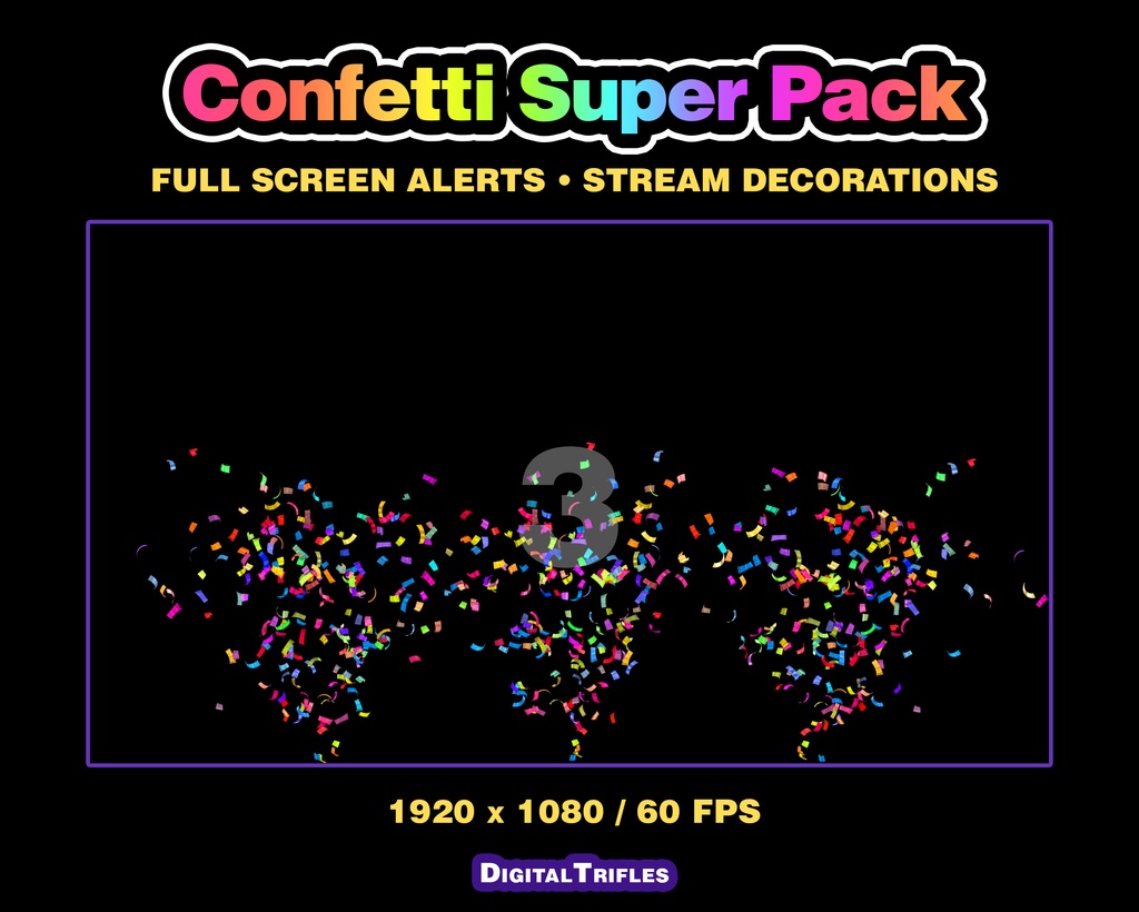 カラフルな紙吹雪のTwitch配信アラート、3Dアニメーションオーバーレイ(10種類パック・フルスクリーン) / Confetti Twitch Alerts, 3D Animated Stream Overlay, 10 Variations Pack, Fullscreen Multicolor Confetti