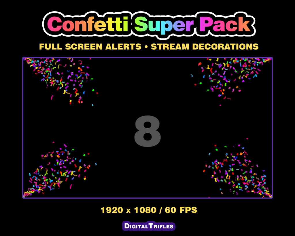 カラフルな紙吹雪のTwitch配信アラート、3Dアニメーションオーバーレイ(10種類パック・フルスクリーン) / Confetti Twitch Alerts, 3D Animated Stream Overlay, 10 Variations Pack, Fullscreen Multicolor Confetti