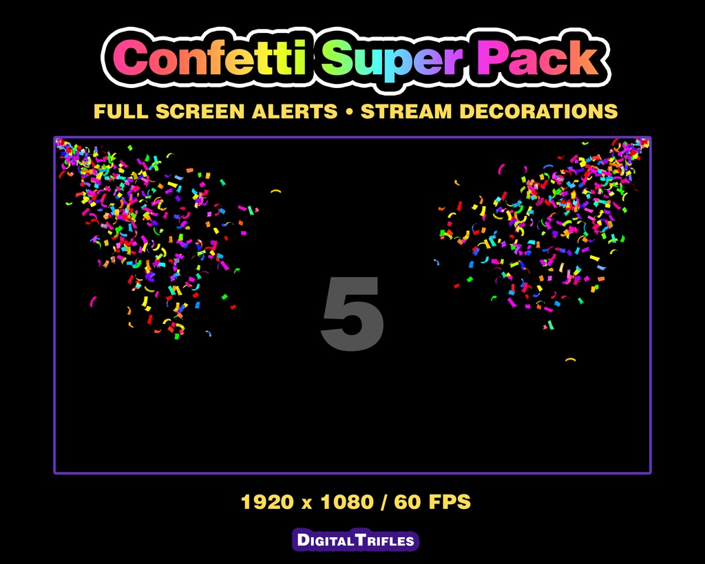 カラフルな紙吹雪のTwitch配信アラート、3Dアニメーションオーバーレイ(10種類パック・フルスクリーン) / Confetti Twitch Alerts, 3D Animated Stream Overlay, 10 Variations Pack, Fullscreen Multicolor Confetti