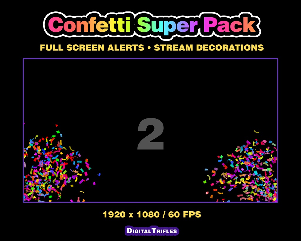 カラフルな紙吹雪のTwitch配信アラート、3Dアニメーションオーバーレイ(10種類パック・フルスクリーン) / Confetti Twitch Alerts, 3D Animated Stream Overlay, 10 Variations Pack, Fullscreen Multicolor Confetti