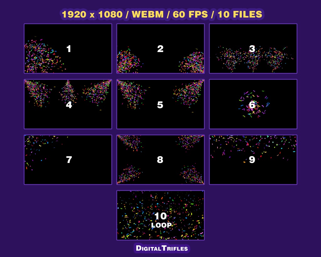 カラフルな紙吹雪のTwitch配信アラート、3Dアニメーションオーバーレイ(10種類パック・フルスクリーン) / Confetti Twitch Alerts, 3D Animated Stream Overlay, 10 Variations Pack, Fullscreen Multicolor Confetti
