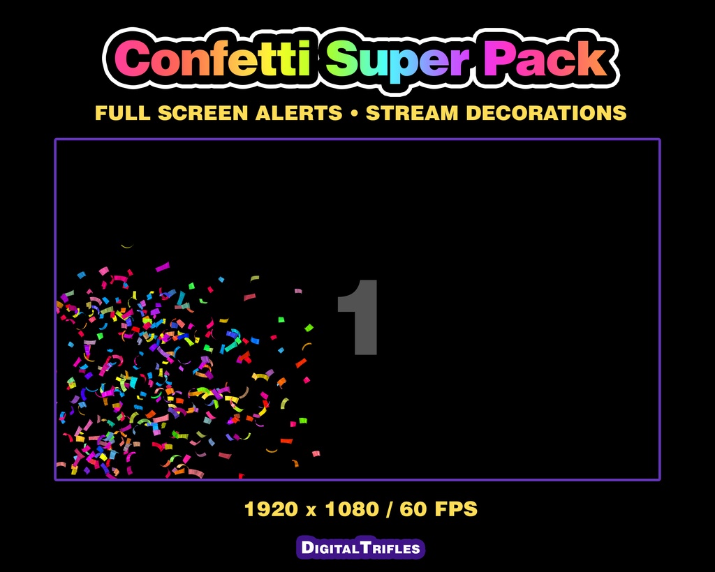 カラフルな紙吹雪のTwitch配信アラート、3Dアニメーションオーバーレイ(10種類パック・フルスクリーン) / Confetti Twitch Alerts, 3D Animated Stream Overlay, 10 Variations Pack, Fullscreen Multicolor Confetti