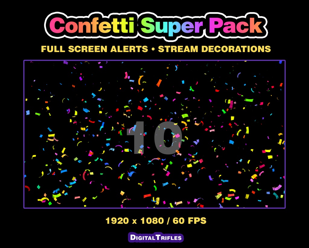カラフルな紙吹雪のTwitch配信アラート、3Dアニメーションオーバーレイ(10種類パック・フルスクリーン) / Confetti Twitch Alerts, 3D Animated Stream Overlay, 10 Variations Pack, Fullscreen Multicolor Confetti