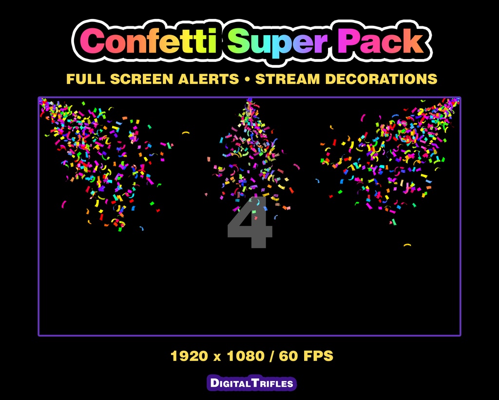 カラフルな紙吹雪のTwitch配信アラート、3Dアニメーションオーバーレイ(10種類パック・フルスクリーン) / Confetti Twitch Alerts, 3D Animated Stream Overlay, 10 Variations Pack, Fullscreen Multicolor Confetti